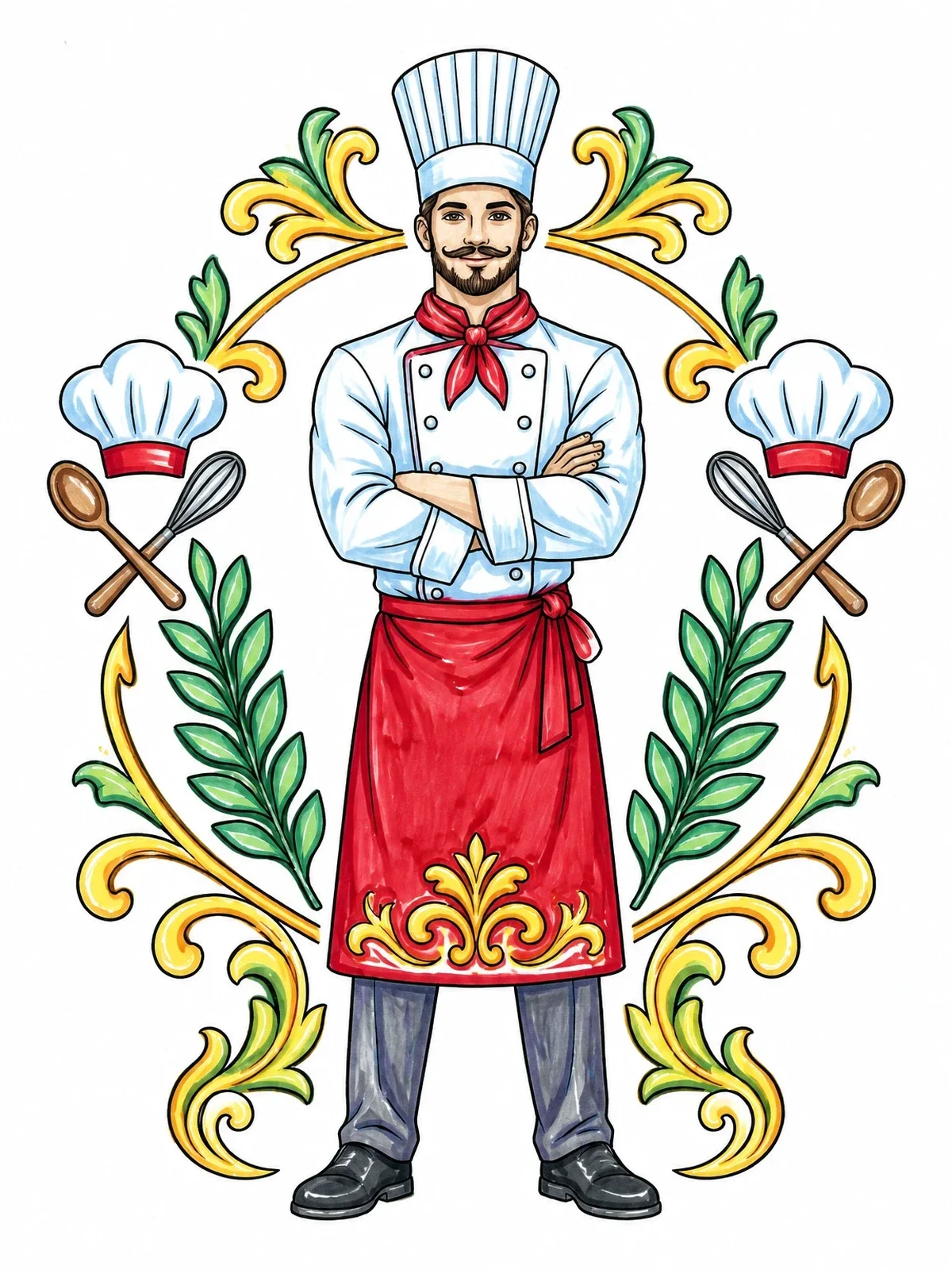 Colored example of the Proud Head Chef In Ornamental Frame coloring page