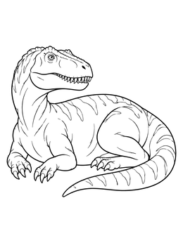 Resting dinosaur on this allosaurus coloring page with striped tail curled.