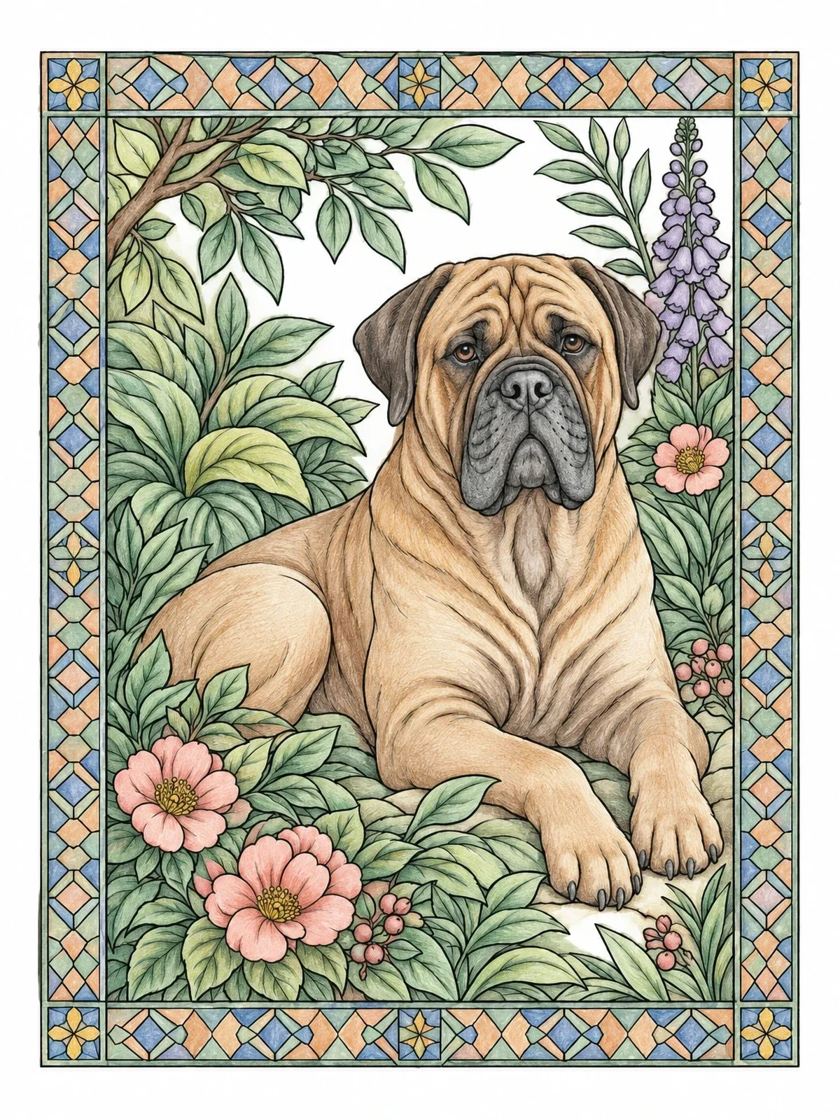 Colored example of the Resting Bullmastiff In Floral Border coloring page