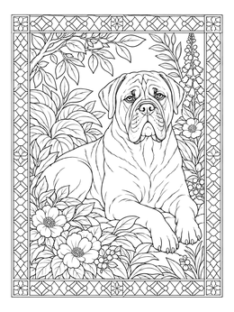 A serene bullmastiff coloring page framed by lush garden blossoms and geometric borders.