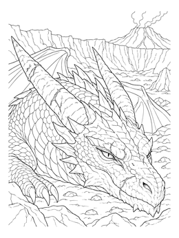 A horned dragon resting in a volcanic crater on this dragon coloring page.