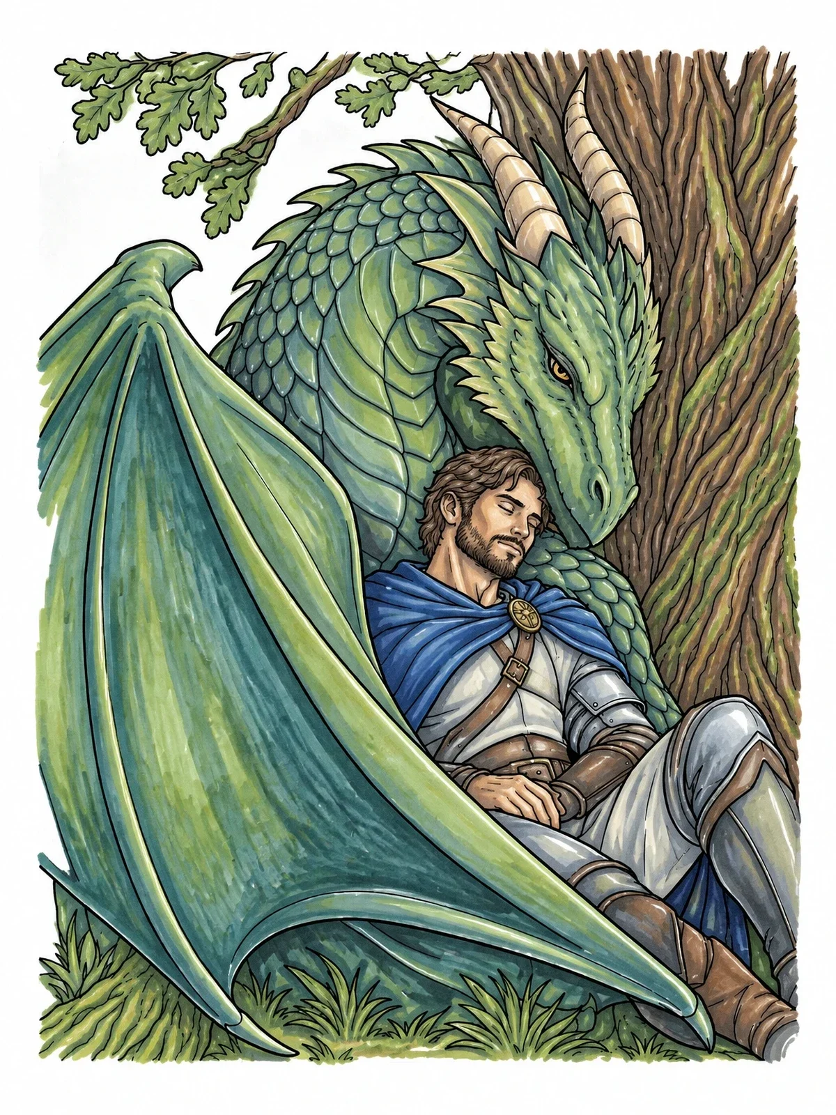 Colored example of the Resting Knight Guarded By Dragon coloring page