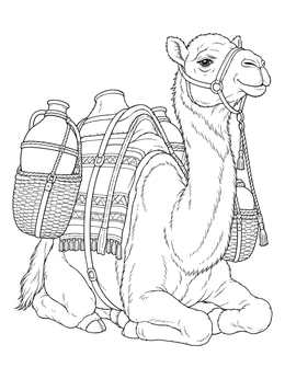 A detailed camel coloring page showing a resting pack camel loaded with woven baskets and water jugs.