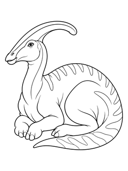 A peaceful parasaurolophus coloring page featuring the dinosaur resting on the ground.