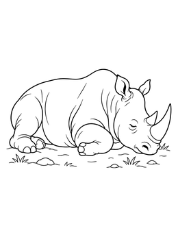 A peaceful sleeping rhinoceros coloring page resting on the ground with tufts of grass.