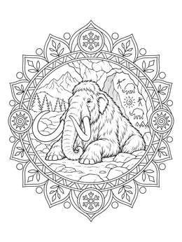 A detailed woolly mammoth coloring page framed by an ornate circular mandala pattern.