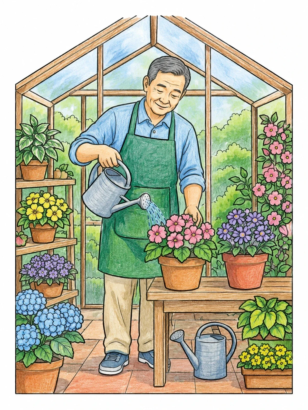 Colored example of the Gardening Senior In Greenhouse coloring page