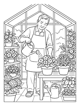 Free printable Gardening Senior In Greenhouse coloring page