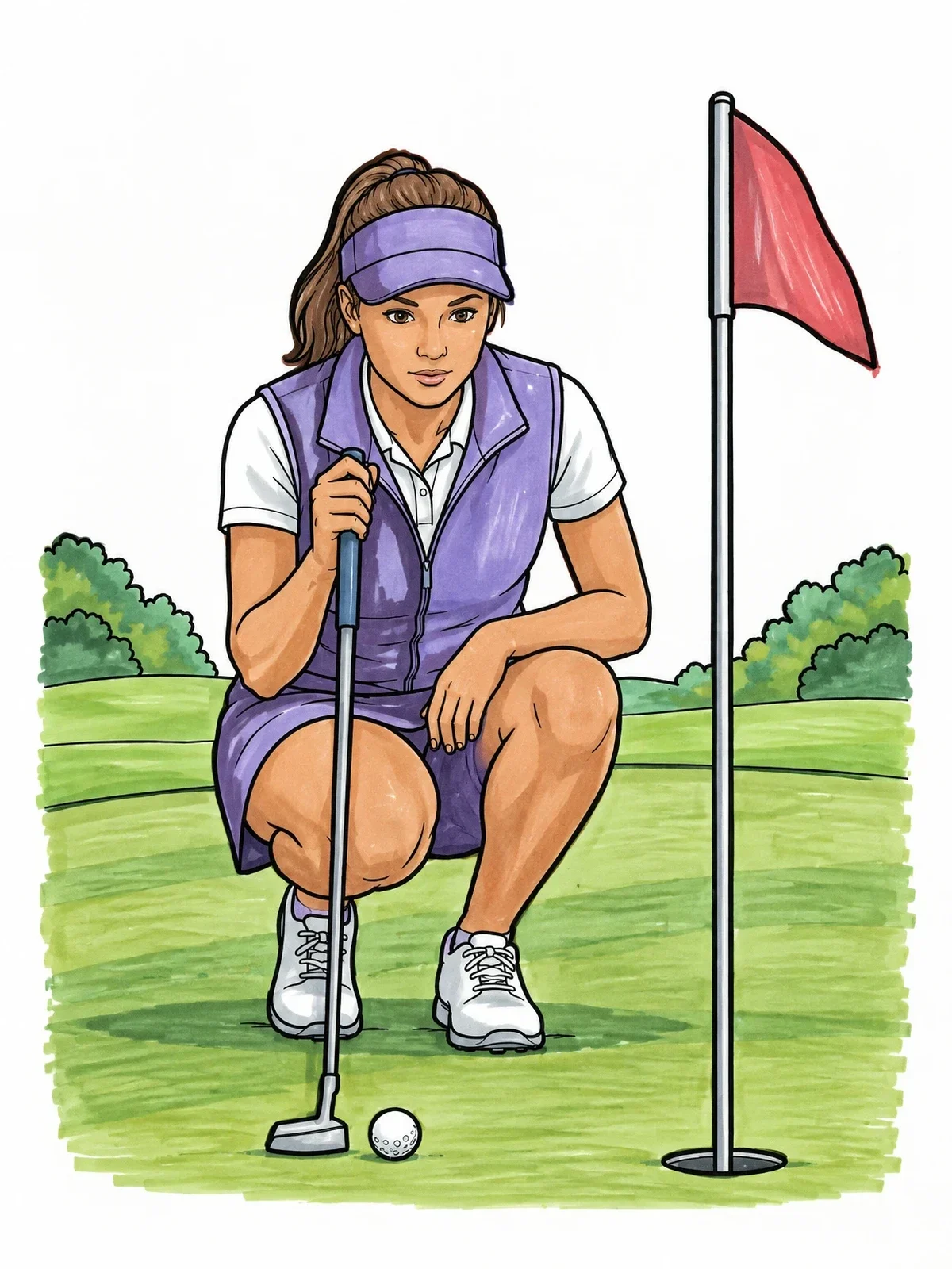Colored example of the Golfer Lining Up A Putt coloring page