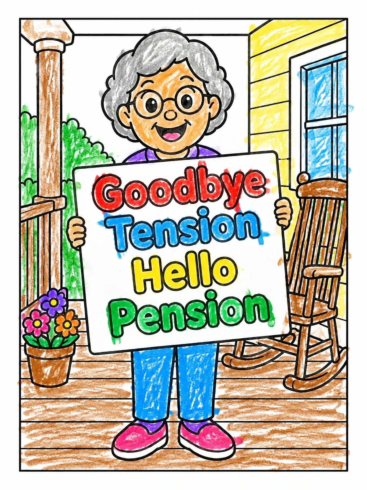 Colored example of the Happy Senior On Front Porch coloring page