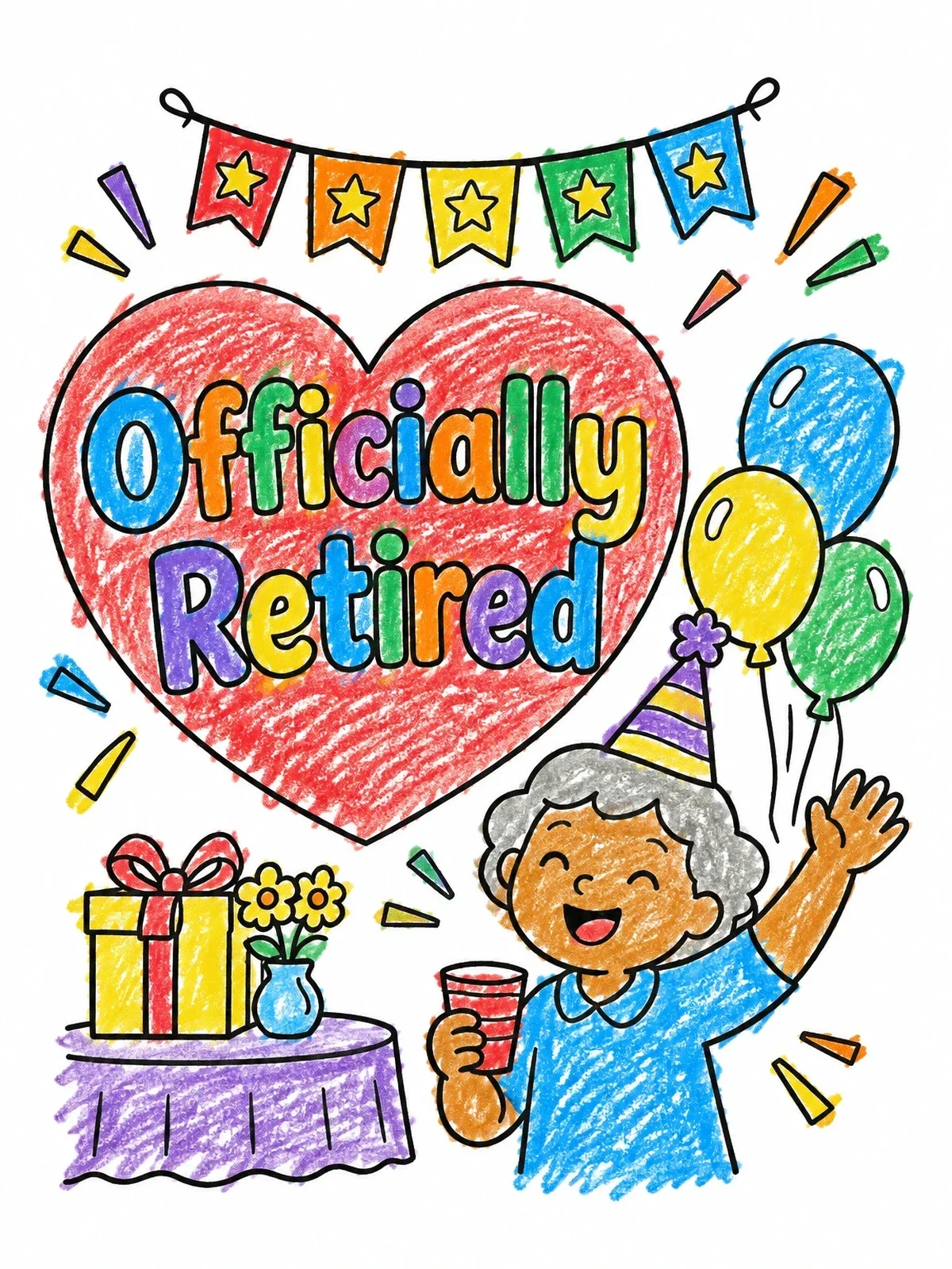 Colored example of the Officially Retired Celebration Party coloring page