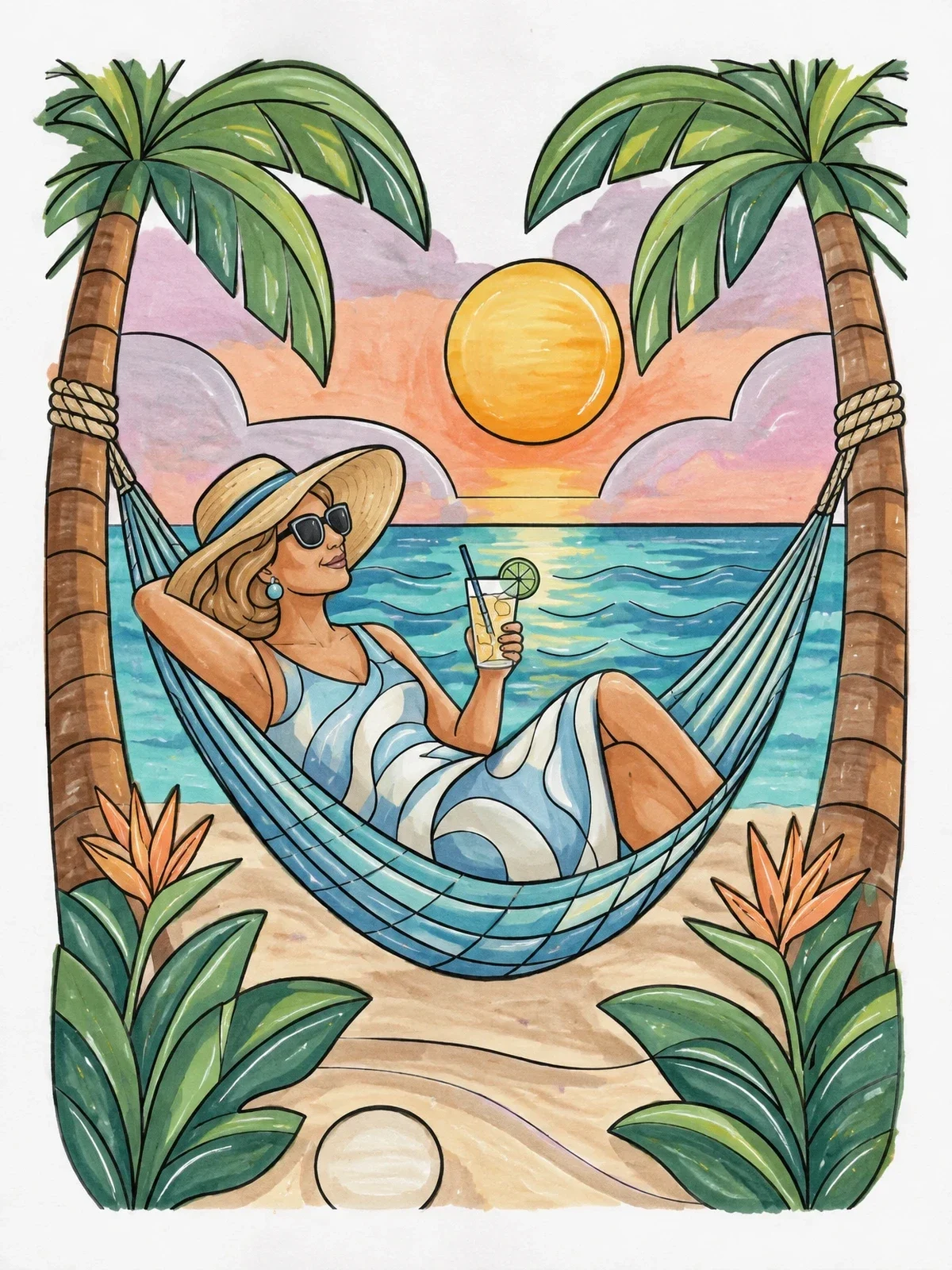 Colored example of the Relaxing In A Tropical Hammock coloring page