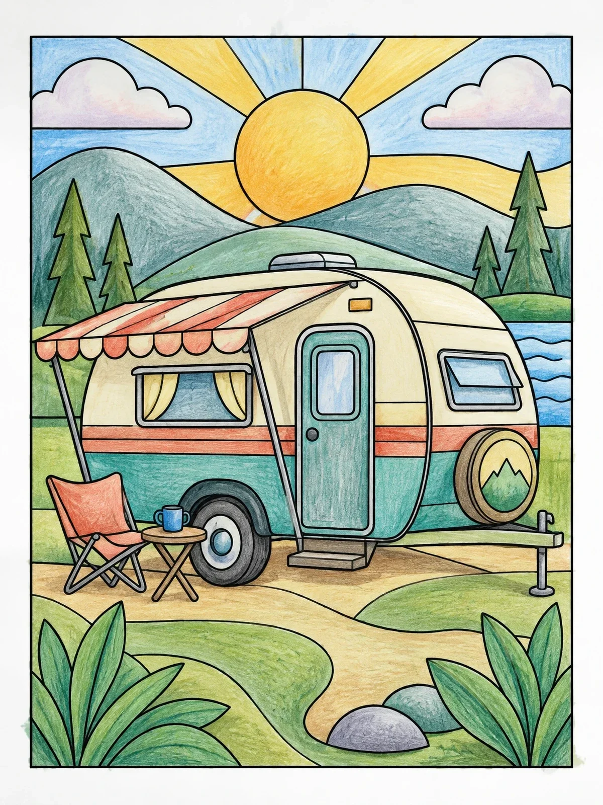 Colored example of the Cozy Vintage Camper In Nature coloring page