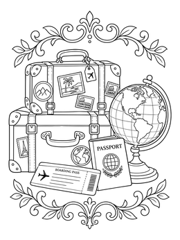 Free printable Vintage Travel Suitcases And Globe coloring page