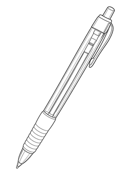 A detailed gel pen coloring page showing a click-top pen with a ribbed grip and pocket clip.