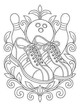 A vintage bowling shoe coloring page featuring classic footwear, pins, and ornamental swirls.
