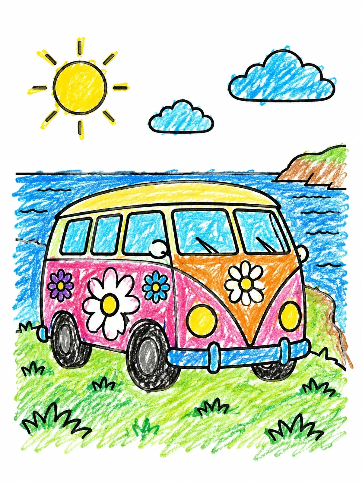 Colored example of the Retro Camper Van By The Sea coloring page