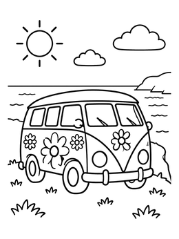 Free printable Retro Camper Van By The Sea coloring page