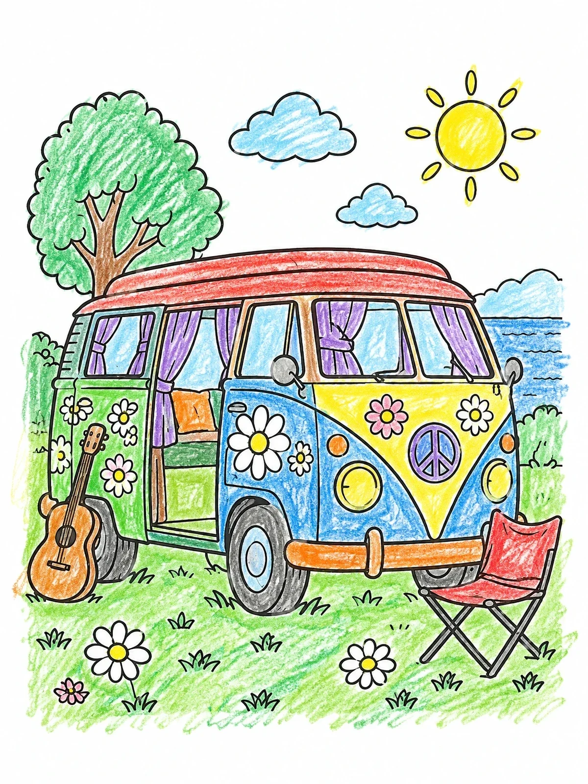 Colored example of the Retro Camper Van With Daisies coloring page