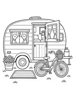 Free printable Retro Camper With Cruiser Bicycle coloring page