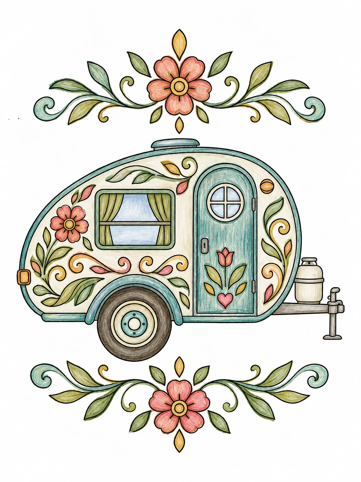 Colored example of the Retro Floral Teardrop Camper Trailer coloring page