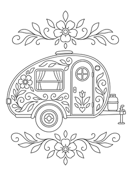 Free printable Retro Floral Teardrop Camper Trailer coloring page