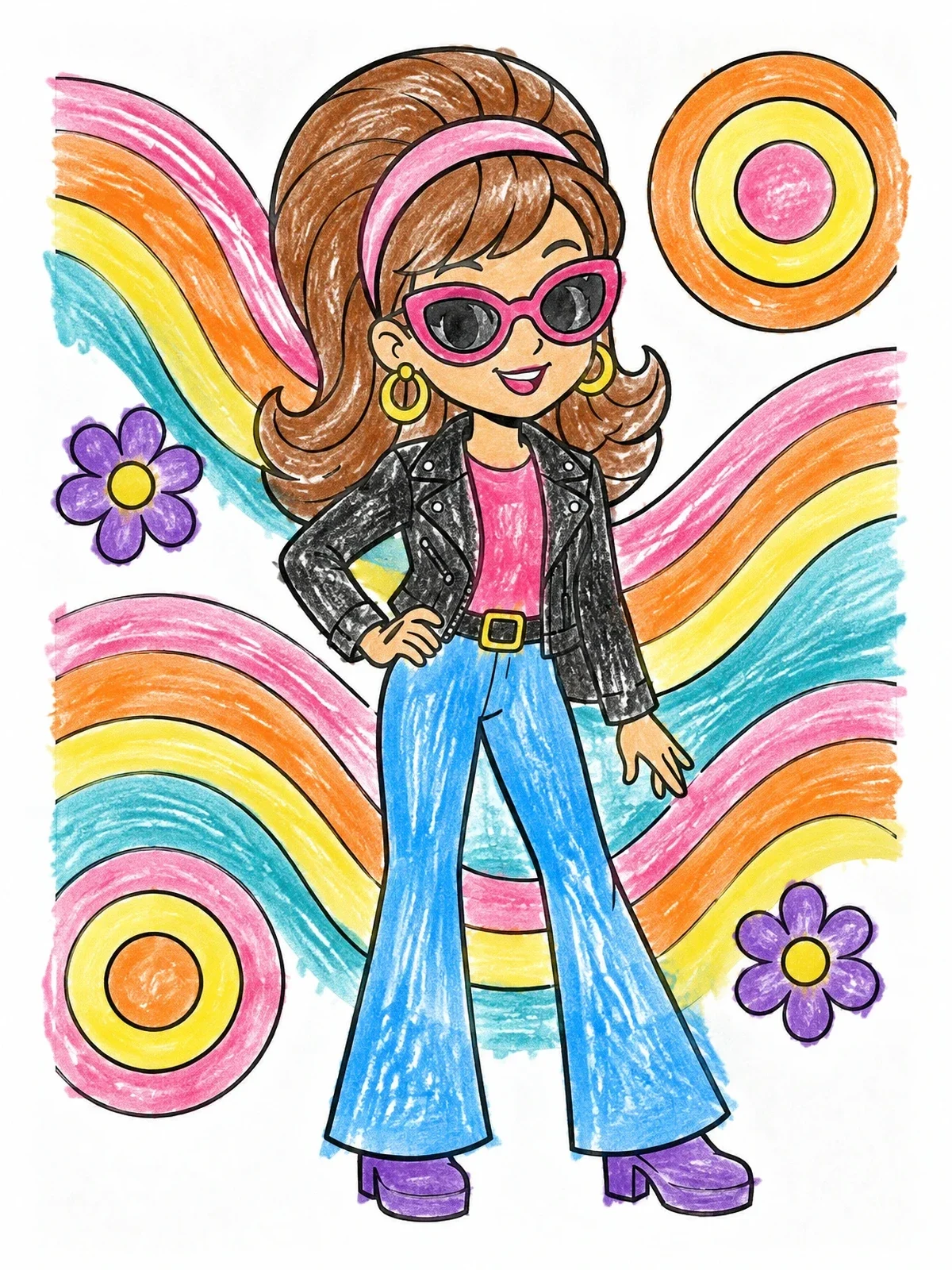 Colored example of the Retro Girl In Leather Jacket coloring page