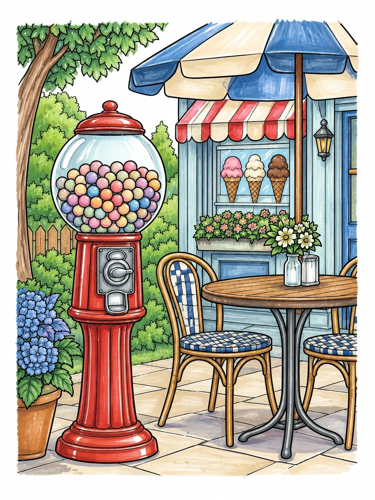 Colored example of the Retro Gumball Machine On Cafe Patio coloring page
