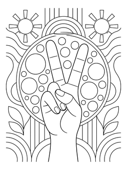 A retro hand peace sign coloring page surrounded by bubbles, suns, and geometric patterns.