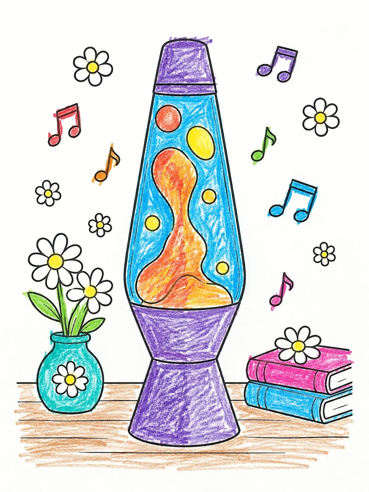 Colored example of the Retro Lava Lamp With Music Notes coloring page