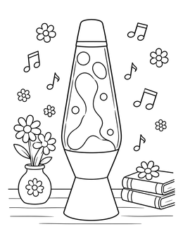 A retro lava lamp coloring page surrounded by floating musical notes, flowers, and books.