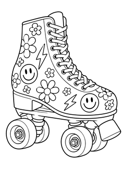 A trendy roller skating coloring page featuring a retro boot decorated with flowers, lightning bolts, and smiley faces.