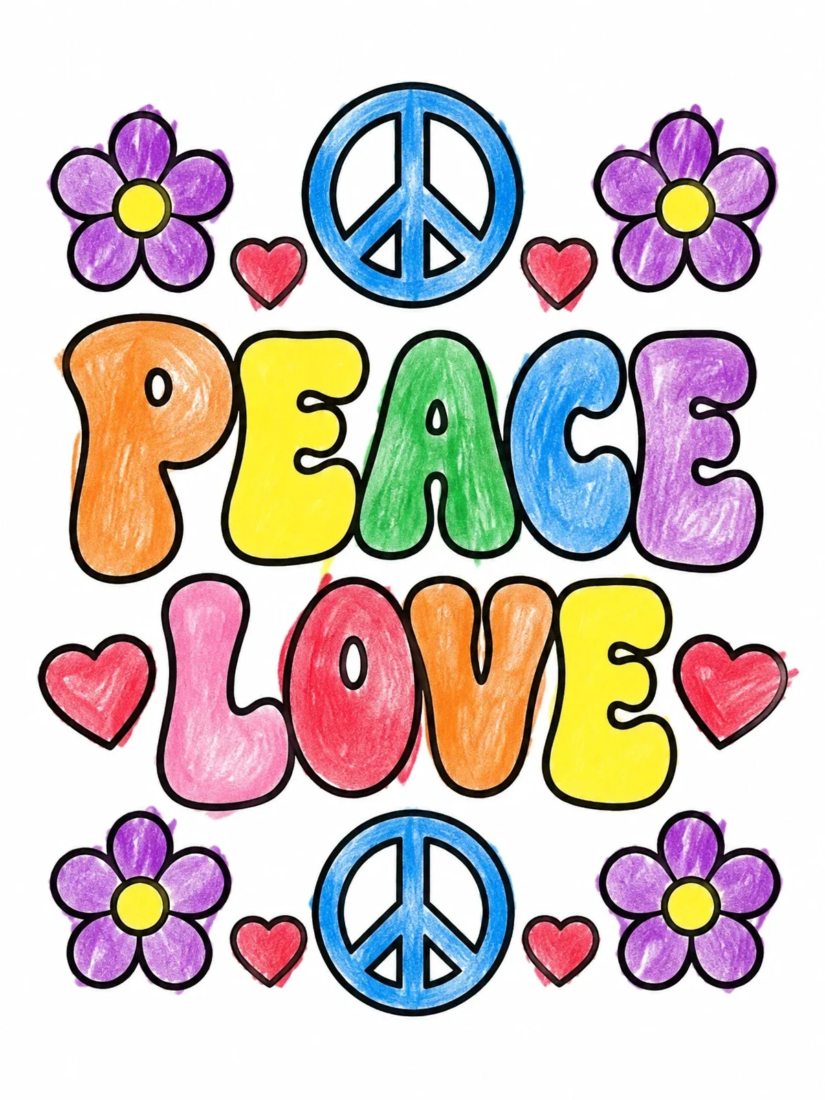 Colored example of the Retro Peace And Love Lettering coloring page