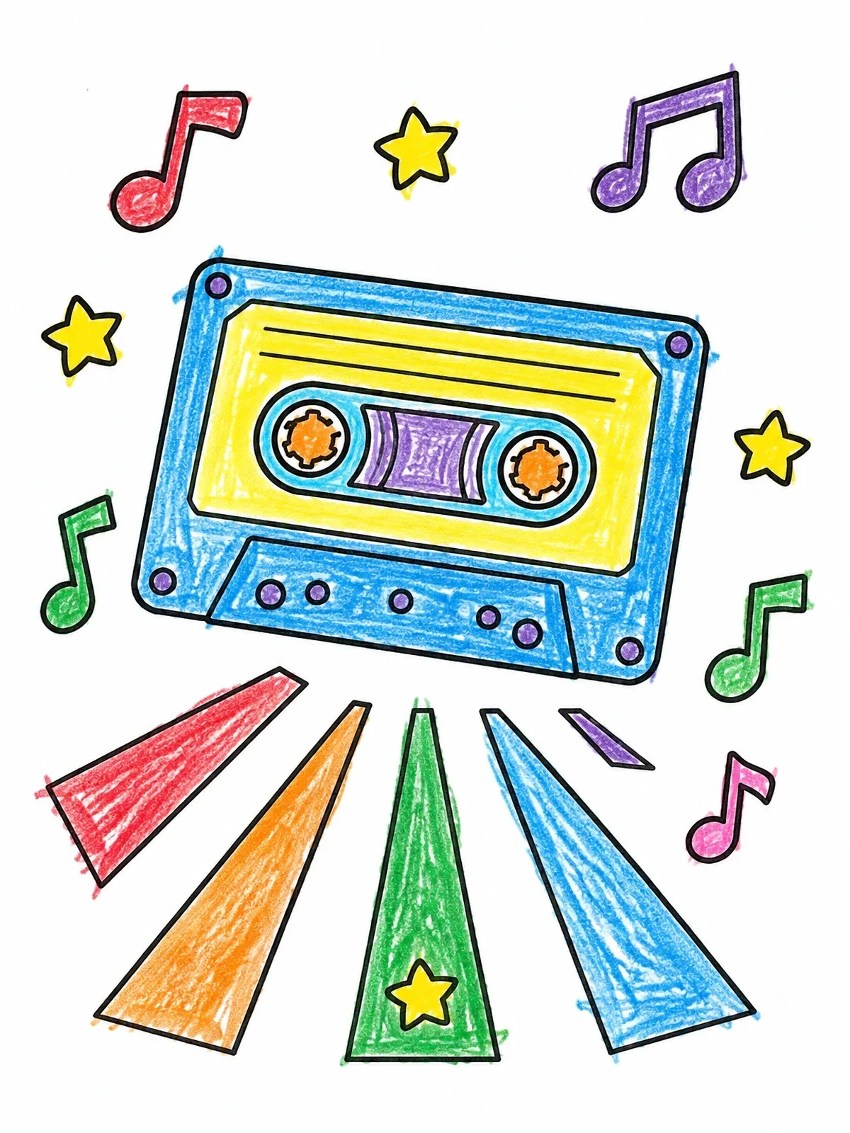 Colored example of the Retro Pop Art Cassette Tape coloring page
