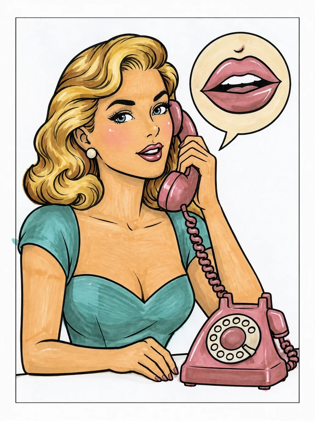 Colored example of the Retro Pop Art Woman On Telephone coloring page