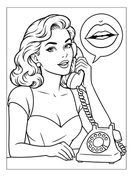 A vintage woman answers a rotary phone in this retro pop art coloring page.