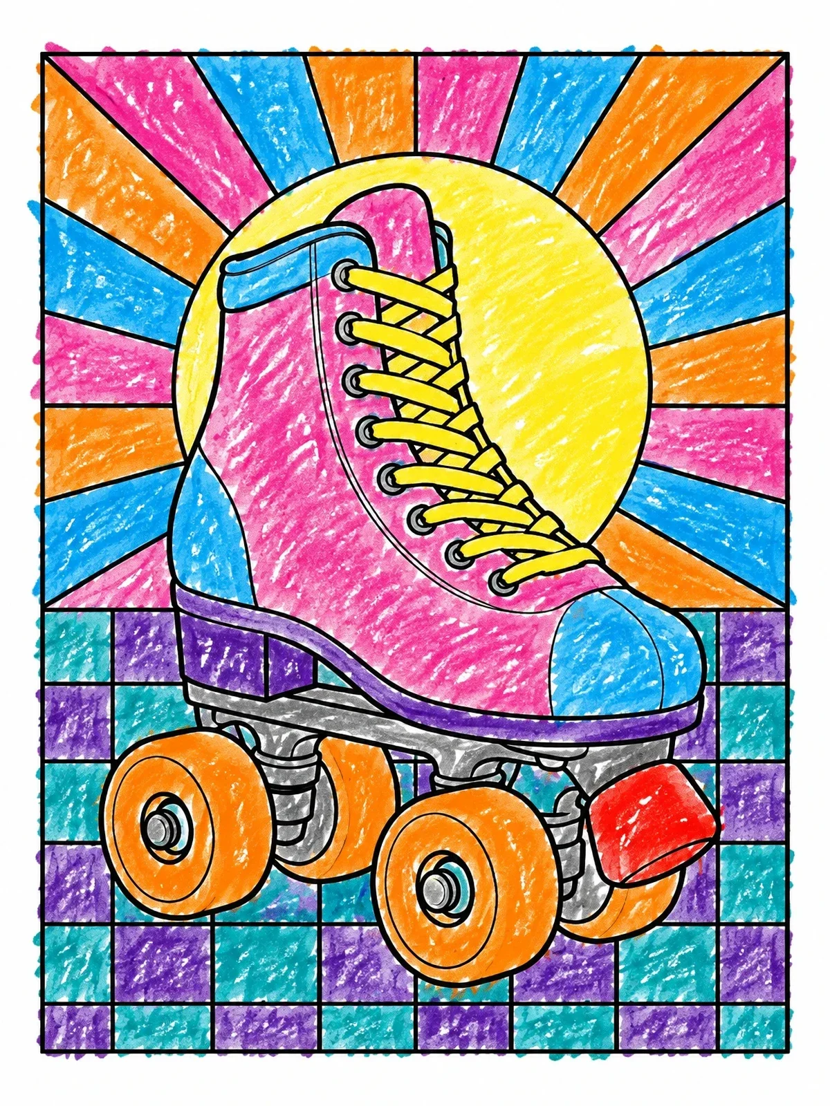 Colored example of the Retro Roller Skate Pop Art coloring page
