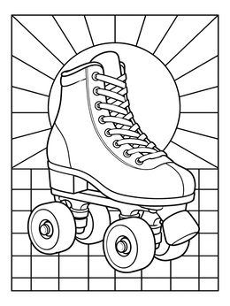 A vintage roller skate shines on this pop art coloring page with a sunburst and grid background.