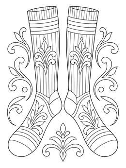A decorative roller skating coloring page showing a pair of tall patterned tube socks with floral flourishes.