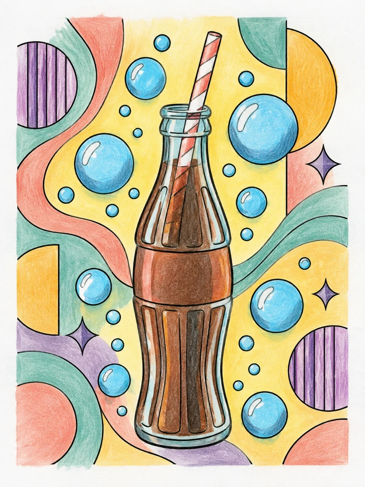 Colored example of the Retro Soda Bottle With Bubbles coloring page