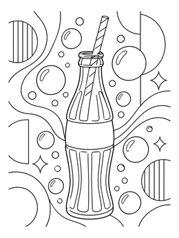 A glass soda bottle with striped straw on this retro pop art coloring page.