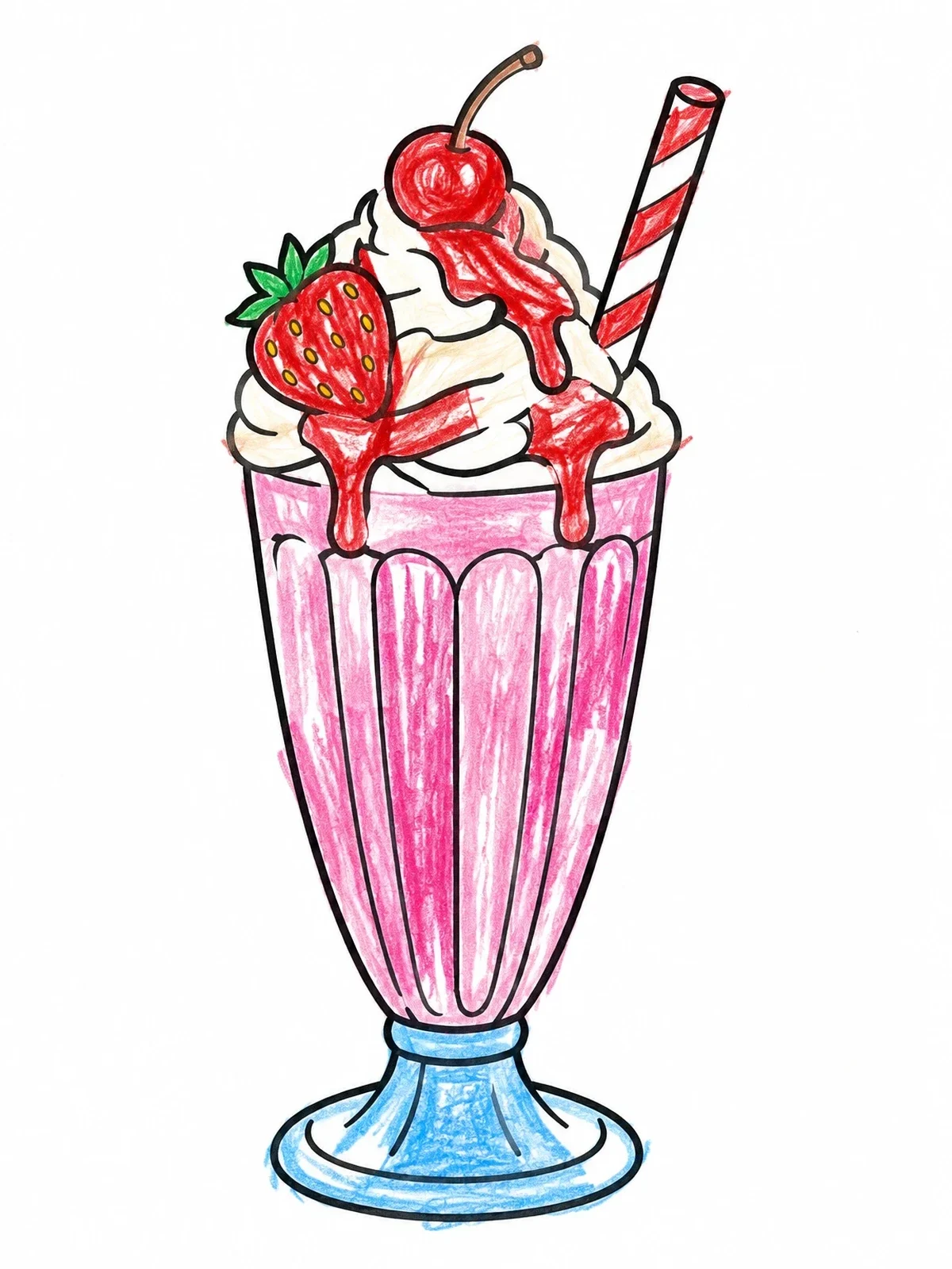 Colored example of the Retro Strawberry Milkshake Sundae coloring page