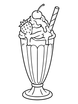 Delicious retro diner milkshake on this cute strawberry coloring page with whipped cream and cherries.