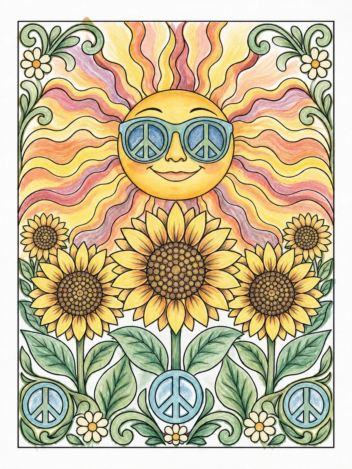 Colored example of the Retro Sun Over Sunflower Field coloring page