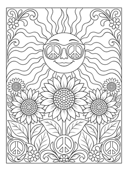 A smiling retro sun shines on flowers in this peace and love coloring page.