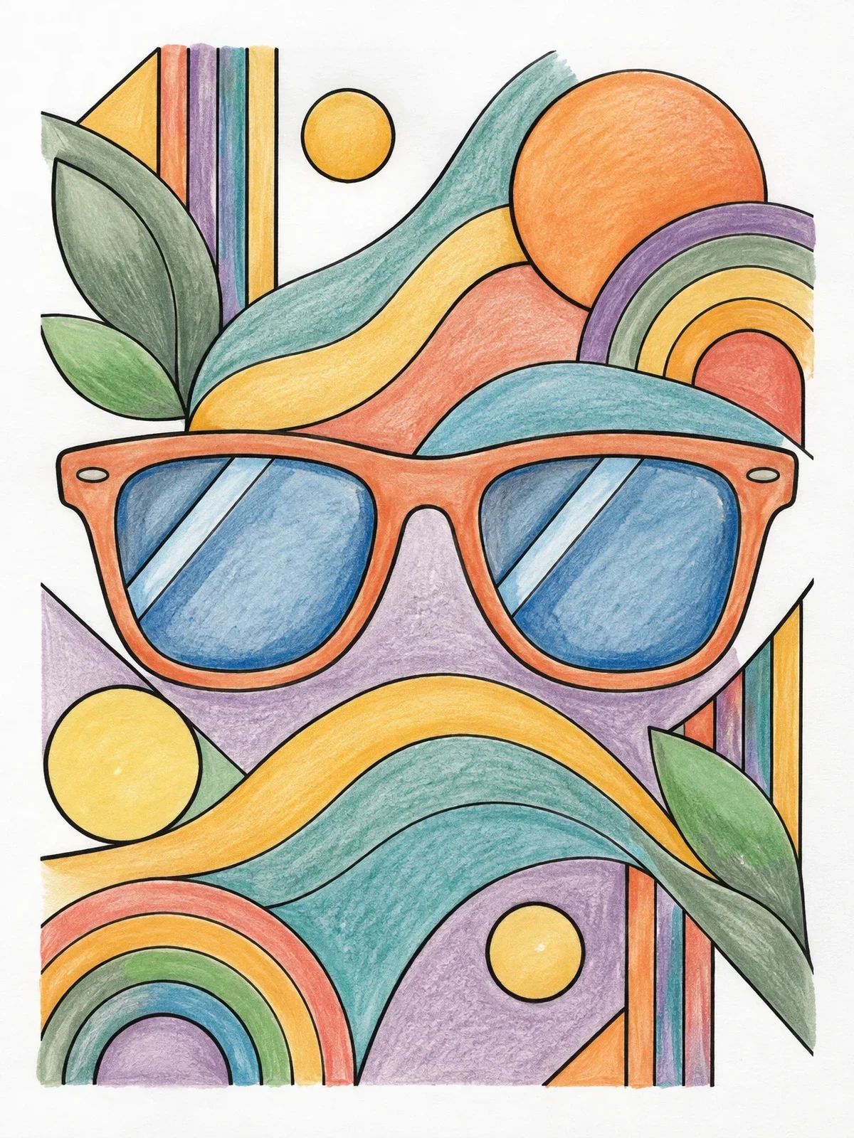 Colored example of the Retro Sunglasses With Geometric Patterns coloring page