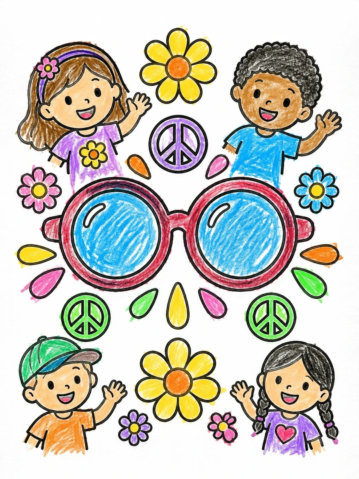 Colored example of the Retro Sunglasses With Cheerful Kids coloring page