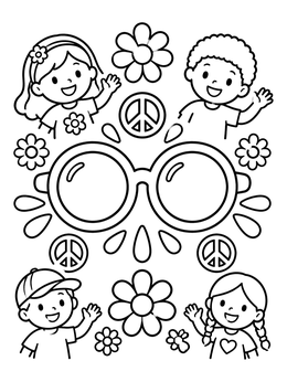 A retro sunglasses coloring page featuring smiling children, peace signs, and flowers.