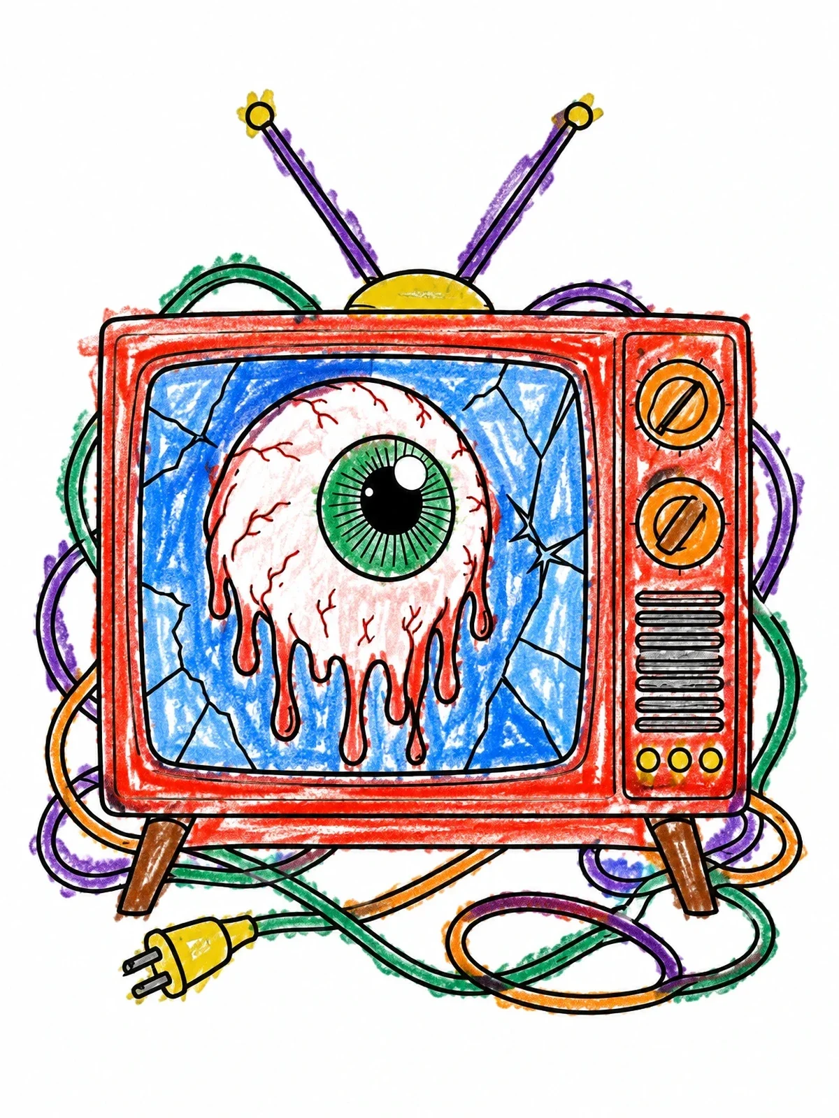 Colored example of the Retro Television With Melting Eyeball coloring page