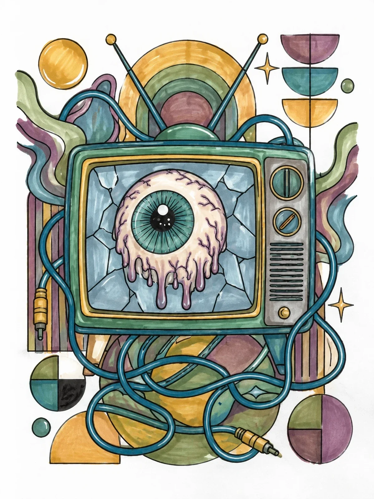 Colored example of the Retro Television With Melting Eyeball coloring page